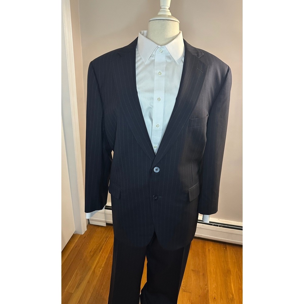 Paul Stuart Stuart III Suit 44S 38W Super 150s Wool Navy Pinstripe 2 Piece